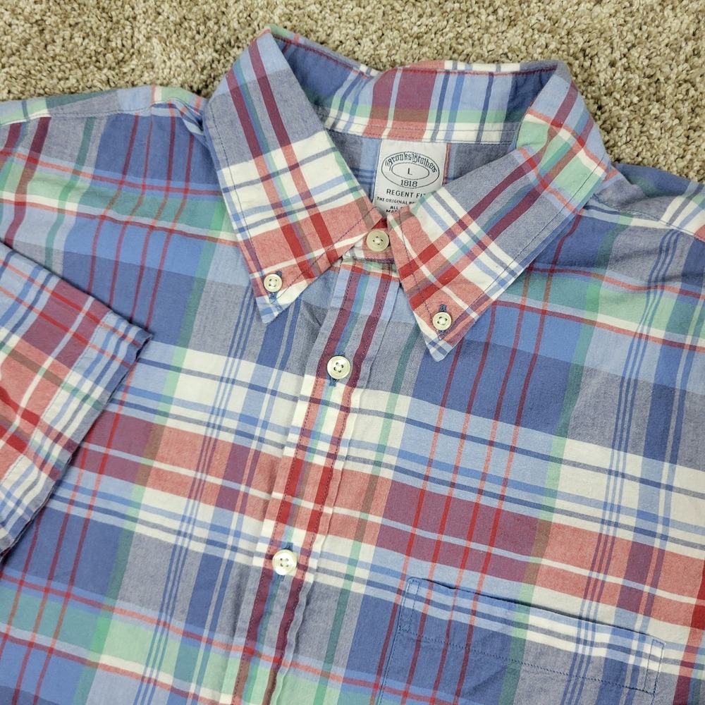 Brooks Brothers Regent Mens Large Blue Red Plaid Button Down Short Sleeve